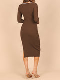 LC273313-17-S, LC273313-17-M, LC273313-17-L, LC273313-17-XL, Brown Women's Bodycon Midi Dress Long Sleeve Cut Out Ribbed Knit Party Club Dress