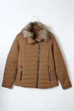LC85117-17XXL, LC85117-17XL, LC85117-17L, LC85117-17M, LC85117-17S, Almond Brown Winter Coats for Women Camel Faux Fur Collar Trim Black Quilted Jacket Outerwear