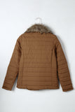 LC85117-17XXL, LC85117-17XL, LC85117-17L, LC85117-17M, LC85117-17S, Almond Brown Winter Coats for Women Camel Faux Fur Collar Trim Black Quilted Jacket Outerwear