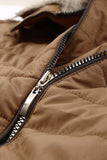 LC85117-17XXL, LC85117-17XL, LC85117-17L, LC85117-17M, LC85117-17S, Almond Brown Winter Coats for Women Camel Faux Fur Collar Trim Black Quilted Jacket Outerwear
