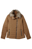 LC85117-17XXL, LC85117-17XL, LC85117-17L, LC85117-17M, LC85117-17S, Almond Brown Winter Coats for Women Camel Faux Fur Collar Trim Black Quilted Jacket Outerwear