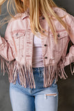LC8512530-10-S, LC8512530-10-M, LC8512530-10-L, LC8512530-10-XL, LC8512530-10-2XL, Pink Women's Distressed Fringed Cropped Denim Jacket Long Sleeve Trucker Jacket