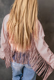 LC8512530-10-S, LC8512530-10-M, LC8512530-10-L, LC8512530-10-XL, LC8512530-10-2XL, Pink Women's Distressed Fringed Cropped Denim Jacket Long Sleeve Trucker Jacket