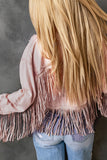 LC8512530-10-S, LC8512530-10-M, LC8512530-10-L, LC8512530-10-XL, LC8512530-10-2XL, Pink Women's Distressed Fringed Cropped Denim Jacket Long Sleeve Trucker Jacket