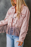 LC8512530-10-S, LC8512530-10-M, LC8512530-10-L, LC8512530-10-XL, LC8512530-10-2XL, Pink Women's Distressed Fringed Cropped Denim Jacket Long Sleeve Trucker Jacket