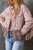 LC8512530-10-S, LC8512530-10-M, LC8512530-10-L, LC8512530-10-XL, LC8512530-10-2XL, Pink Women's Distressed Fringed Cropped Denim Jacket Long Sleeve Trucker Jacket