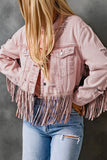 LC8512530-10-S, LC8512530-10-M, LC8512530-10-L, LC8512530-10-XL, LC8512530-10-2XL, Pink Women's Distressed Fringed Cropped Denim Jacket Long Sleeve Trucker Jacket