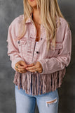 LC8512530-10-S, LC8512530-10-M, LC8512530-10-L, LC8512530-10-XL, LC8512530-10-2XL, Pink Women's Distressed Fringed Cropped Denim Jacket Long Sleeve Trucker Jacket