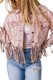 LC8512530-10-S, LC8512530-10-M, LC8512530-10-L, LC8512530-10-XL, LC8512530-10-2XL, Pink Women's Distressed Fringed Cropped Denim Jacket Long Sleeve Trucker Jacket