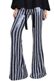 LC77253-5-S, LC77253-5-M, LC77253-5-L, LC77253-5-XL, LC77253-5-2XL, Blue Sequin Stripe High Waist Flare Pants
