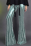 LC77253-9-S, LC77253-9-M, LC77253-9-L, LC77253-9-XL, LC77253-9-2XL, Green Sequin Stripe High Waist Flare Pants