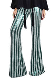 LC77253-9-S, LC77253-9-M, LC77253-9-L, LC77253-9-XL, LC77253-9-2XL, Green Sequin Stripe High Waist Flare Pants