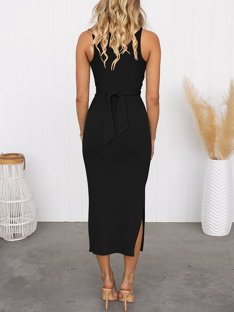 LC6113389-2-S, LC6113389-2-M, LC6113389-2-L, LC6113389-2-XL, Black Women's Cut Out Bodycon Maxi Dresses Twist Front Sleeveless Dresses with Split