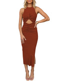 LC6113389-17-S, LC6113389-17-M, LC6113389-17-L, LC6113389-17-XL, Brown Women's Cut Out Bodycon Maxi Dresses Twist Front Sleeveless Dresses with Split