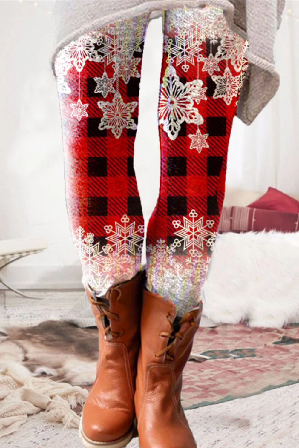 LC761223-3-S, LC761223-3-M, LC761223-3-L, LC761223-3-XL, LC761223-3-2XL, Red Reindeer Snowflake Christmas Leggings Tights Womens High Waist Yoga Pants 