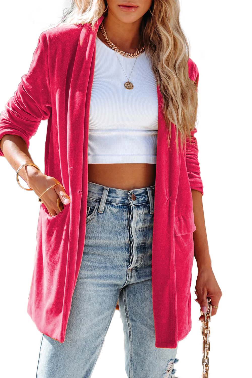 LC852449-6-S, LC852449-6-M, LC852449-6-L, LC852449-6-XL, Rose Women Velvet Blazer Jacket Relaxed fit Casual Outerwear