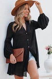 LC2552553-2-S, LC2552553-2-M, LC2552553-2-L, LC2552553-2-XL, LC2552553-2-2XL, Black Womens Long Sleeve Oversized Blouses Tops Button Up Bishop Sleeve Shirt