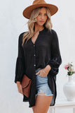 LC2552553-2-S, LC2552553-2-M, LC2552553-2-L, LC2552553-2-XL, LC2552553-2-2XL, Black Womens Long Sleeve Oversized Blouses Tops Button Up Bishop Sleeve Shirt