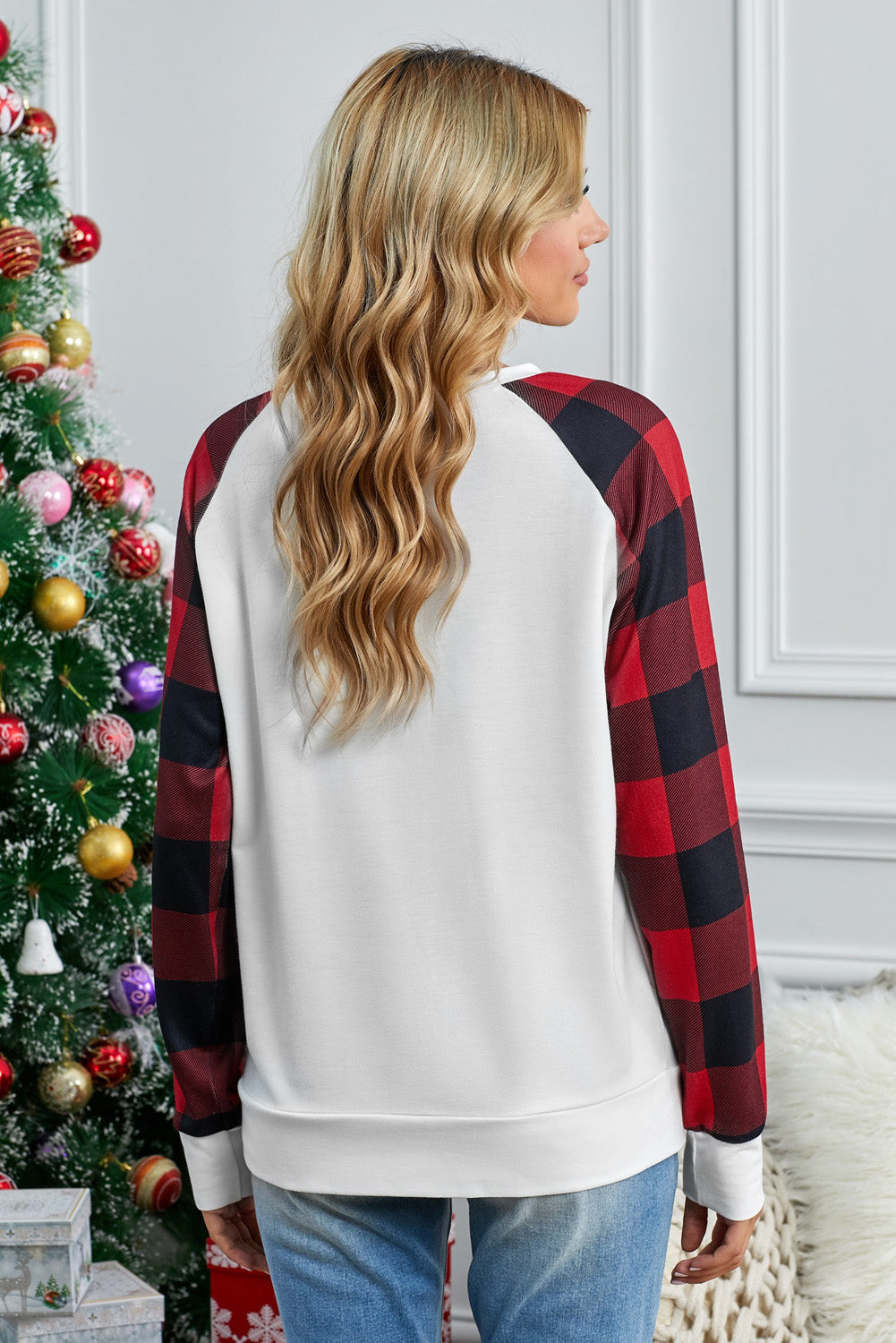 Joyeux Noël T Shirt Womens Plaid Colorblock Hauts à manches longues