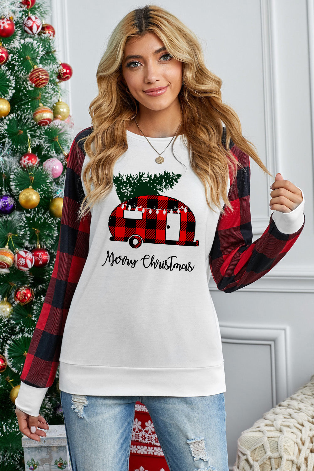 Merry Christmas T Shirt Womens Plaid Colorblock Long Sleeve Tops