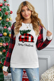 Joyeux Noël T Shirt Womens Plaid Colorblock Hauts à manches longues