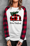 Merry Christmas T Shirt Womens Plaid Colorblock Long Sleeve Tops
