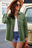 LC8511377-9-S, LC8511377-9-M, LC8511377-9-L, LC8511377-9-XL, LC8511377-9-2XL, Green Women’s Oversized Shacket Pocket Long Boyfriend Raw Hem Button Jacket