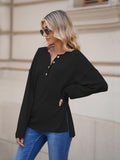 LC2722726-2-S, LC2722726-2-M, LC2722726-2-L, LC2722726-2-XL, Black Women's Oversized Sweaters Batwing Sleeve Button Up Color Block Henley Pullover Knit Jumper