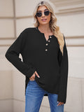 LC2722726-2-S, LC2722726-2-M, LC2722726-2-L, LC2722726-2-XL, Black Women's Oversized Sweaters Batwing Sleeve Button Up Color Block Henley Pullover Knit Jumper