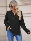 LC2722726-2-S, LC2722726-2-M, LC2722726-2-L, LC2722726-2-XL, Black Women's Oversized Sweaters Batwing Sleeve Button Up Color Block Henley Pullover Knit Jumper