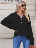LC2722726-2-S, LC2722726-2-M, LC2722726-2-L, LC2722726-2-XL, Black Women's Oversized Sweaters Batwing Sleeve Button Up Color Block Henley Pullover Knit Jumper