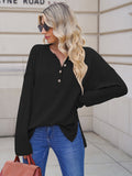 LC2722726-2-S, LC2722726-2-M, LC2722726-2-L, LC2722726-2-XL, Black Women's Oversized Sweaters Batwing Sleeve Button Up Color Block Henley Pullover Knit Jumper