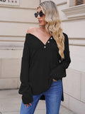 LC2722726-2-S, LC2722726-2-M, LC2722726-2-L, LC2722726-2-XL, Black Women's Oversized Sweaters Batwing Sleeve Button Up Color Block Henley Pullover Knit Jumper