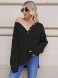 LC2722726-2-S, LC2722726-2-M, LC2722726-2-L, LC2722726-2-XL, Black Women's Oversized Sweaters Batwing Sleeve Button Up Color Block Henley Pullover Knit Jumper