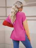LC2722726-6-S, LC2722726-6-M, LC2722726-6-L, LC2722726-6-XL, Rose Red Women's Oversized Sweaters Batwing Sleeve Button Up Color Block Henley Pullover Knit Jumper