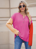 LC2722726-6-S, LC2722726-6-M, LC2722726-6-L, LC2722726-6-XL, Rose Red Women's Oversized Sweaters Batwing Sleeve Button Up Color Block Henley Pullover Knit Jumper