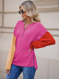 LC2722726-6-S, LC2722726-6-M, LC2722726-6-L, LC2722726-6-XL, Rose Red Women's Oversized Sweaters Batwing Sleeve Button Up Color Block Henley Pullover Knit Jumper