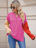 LC2722726-6-S, LC2722726-6-M, LC2722726-6-L, LC2722726-6-XL, Rose Red Women's Oversized Sweaters Batwing Sleeve Button Up Color Block Henley Pullover Knit Jumper