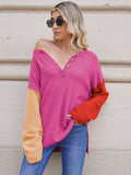 LC2722726-6-S, LC2722726-6-M, LC2722726-6-L, LC2722726-6-XL, Rose Red Women's Oversized Sweaters Batwing Sleeve Button Up Color Block Henley Pullover Knit Jumper