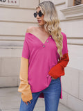 LC2722726-6-S, LC2722726-6-M, LC2722726-6-L, LC2722726-6-XL, Rose Red Women's Oversized Sweaters Batwing Sleeve Button Up Color Block Henley Pullover Knit Jumper