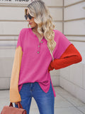 LC2722726-6-S, LC2722726-6-M, LC2722726-6-L, LC2722726-6-XL, Rose Red Women's Oversized Sweaters Batwing Sleeve Button Up Color Block Henley Pullover Knit Jumper