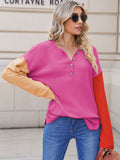 LC2722726-6-S, LC2722726-6-M, LC2722726-6-L, LC2722726-6-XL, Rose Red Women's Oversized Sweaters Batwing Sleeve Button Up Color Block Henley Pullover Knit Jumper