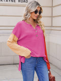 LC2722726-6-S, LC2722726-6-M, LC2722726-6-L, LC2722726-6-XL, Rose Red Women's Oversized Sweaters Batwing Sleeve Button Up Color Block Henley Pullover Knit Jumper