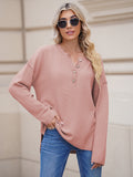 LC2722726-10-S, LC2722726-10-M, LC2722726-10-L, LC2722726-10-XL, Pink Women's Oversized Sweaters Batwing Sleeve Button Up Color Block Henley Pullover Knit Jumper