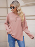 LC2722726-10-S, LC2722726-10-M, LC2722726-10-L, LC2722726-10-XL, Pink Women's Oversized Sweaters Batwing Sleeve Button Up Color Block Henley Pullover Knit Jumper