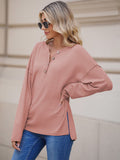 LC2722726-10-S, LC2722726-10-M, LC2722726-10-L, LC2722726-10-XL, Pink Women's Oversized Sweaters Batwing Sleeve Button Up Color Block Henley Pullover Knit Jumper