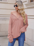 LC2722726-10-S, LC2722726-10-M, LC2722726-10-L, LC2722726-10-XL, Pink Women's Oversized Sweaters Batwing Sleeve Button Up Color Block Henley Pullover Knit Jumper