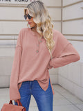 LC2722726-10-S, LC2722726-10-M, LC2722726-10-L, LC2722726-10-XL, Pink Women's Oversized Sweaters Batwing Sleeve Button Up Color Block Henley Pullover Knit Jumper