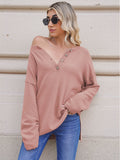 LC2722726-10-S, LC2722726-10-M, LC2722726-10-L, LC2722726-10-XL, Pink Women's Oversized Sweaters Batwing Sleeve Button Up Color Block Henley Pullover Knit Jumper