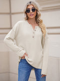 LC2722726-15-S, LC2722726-15-M, LC2722726-15-L, LC2722726-15-XL, Beige Women's Oversized Sweaters Batwing Sleeve Button Up Color Block Henley Pullover Knit Jumper